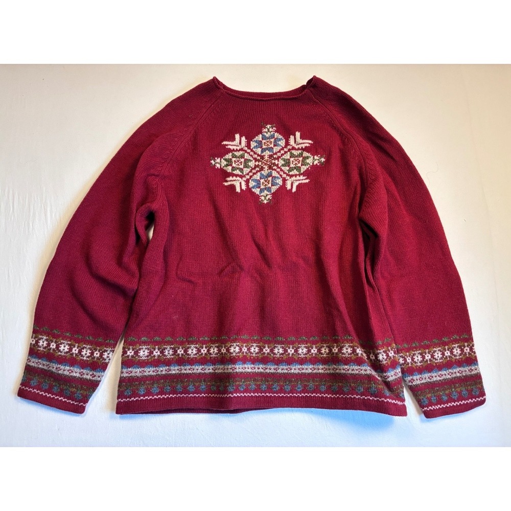 Woolrich Women's XL Red Fair Isle Wool Pullover Sweater Crew Neck Snowflake